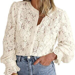 PRETTYGARDEN Women's Dressy Lace Blouse Long Sleeve Button Up Shirt 2XL